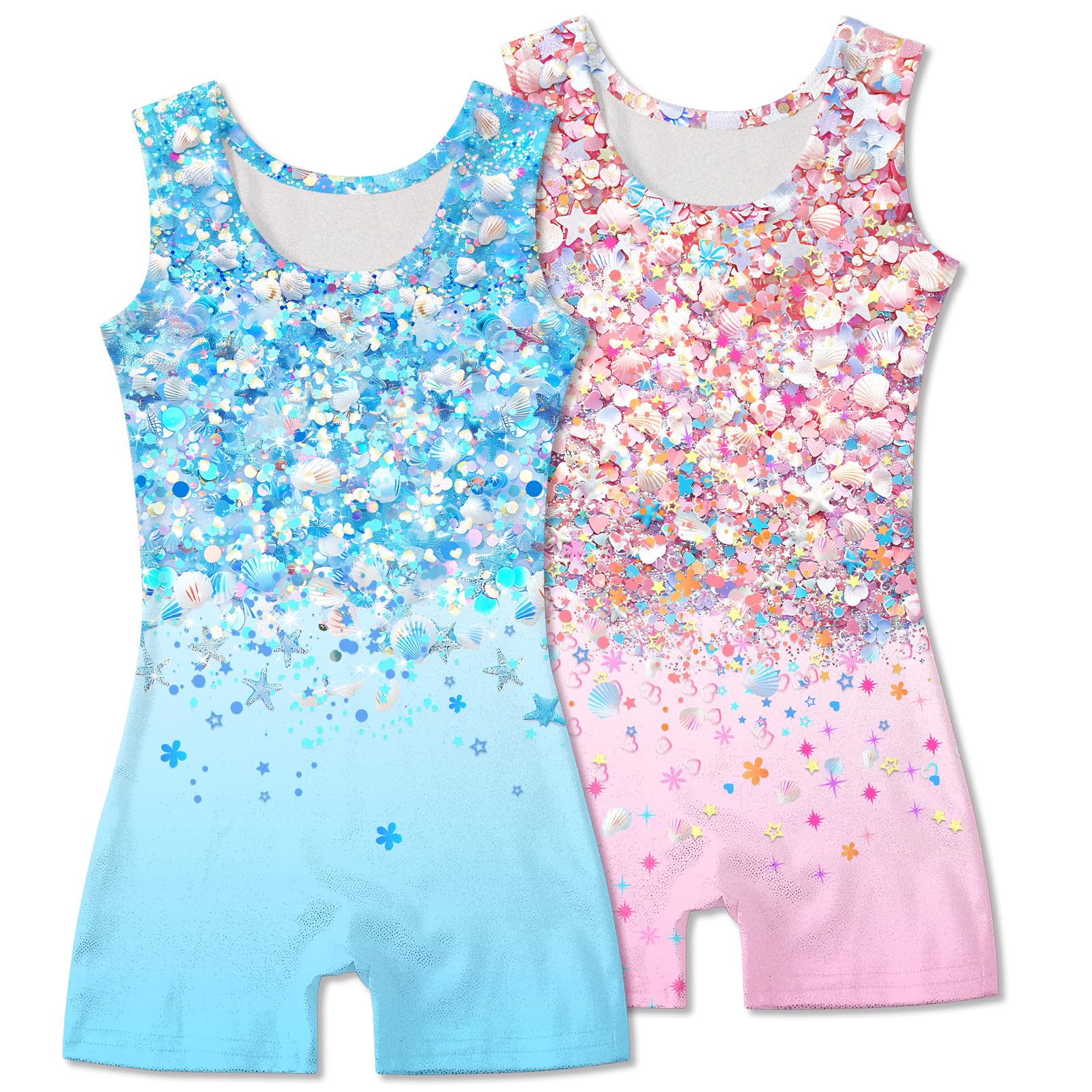 2 Packs Gymnastics Leotards for Girls Mermaid Leopard Dance Leotard Kids Biketard with Shorts