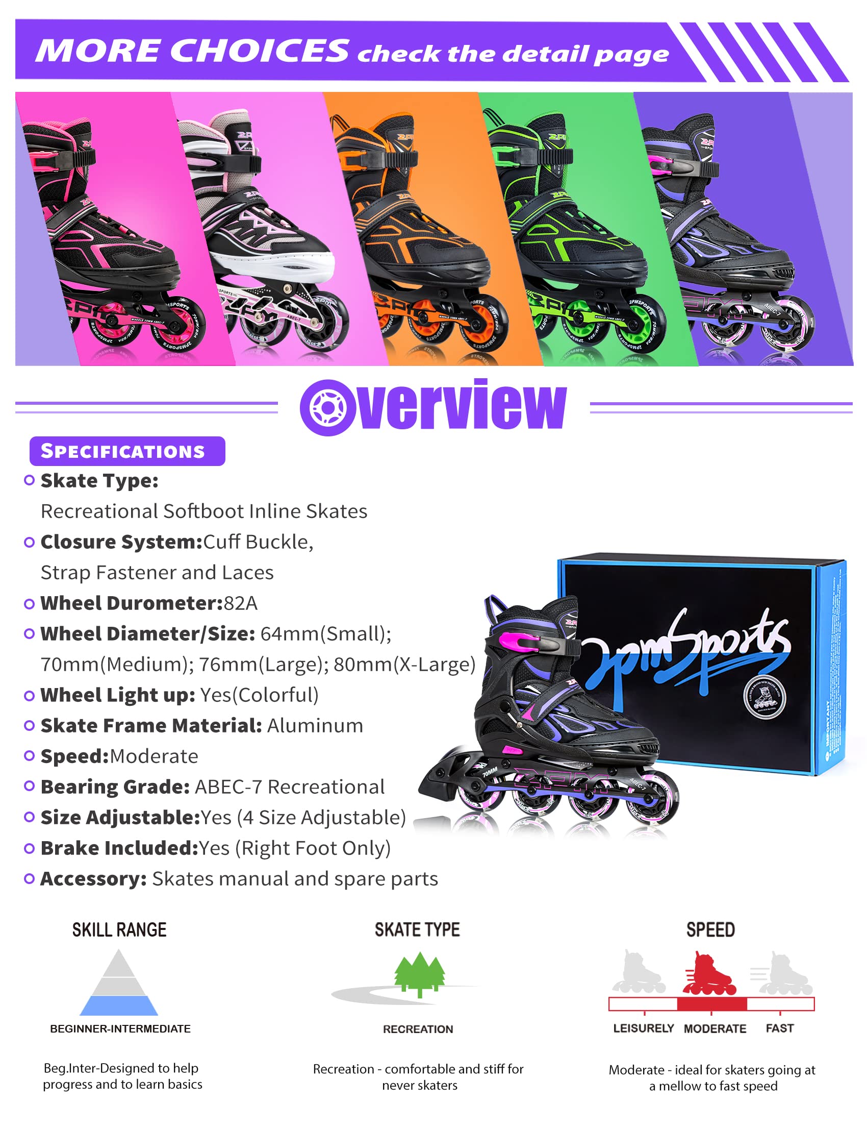 2PM SPORTS Vinal Girls Adjustable Flashing Inline Skates, All Wheels Light Up, Fun Illuminating Skates for Kids Men Adult Women and Boys