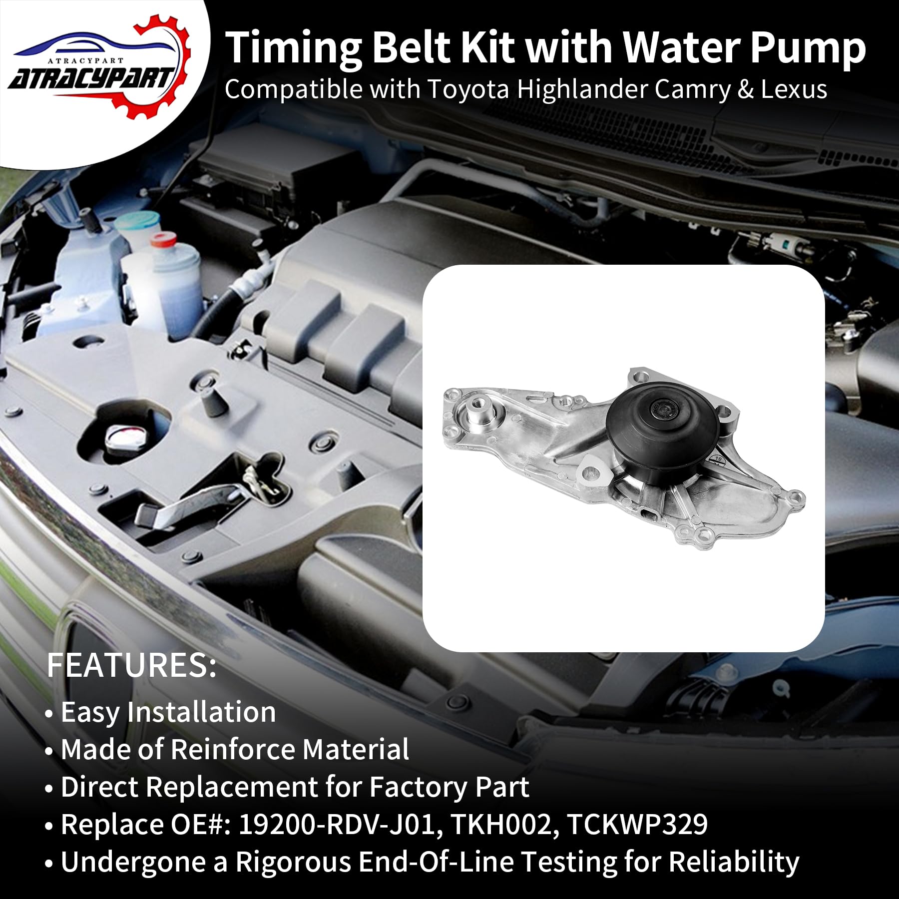 Engine Timing Belt Kit with Water Pump | Compatible With 1987-2001 Toyota Camry Celica RAV4 MR2 Solara 2.0L 2.2L 3SFE 5SFE L4 DOHC 16V | Replaces# TBK138, TCKWP199