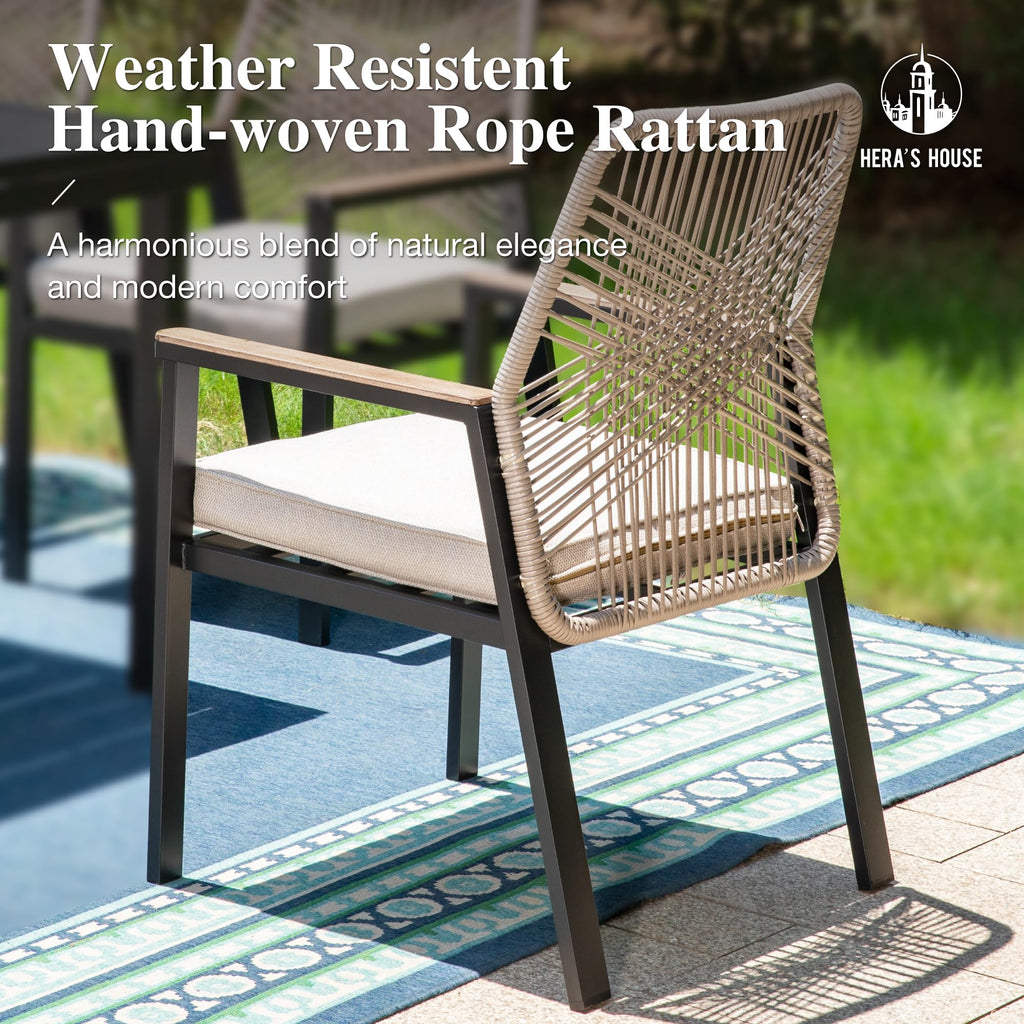HERA'S HOUSE Outdoor Chairs Set of 2, 36.6" Rattan Dining Chairs with Heavy-Duty Wrought Iron Metal Frame, All-Weather Patio Chair for Garden Lawn Backyard Kitchen Deck