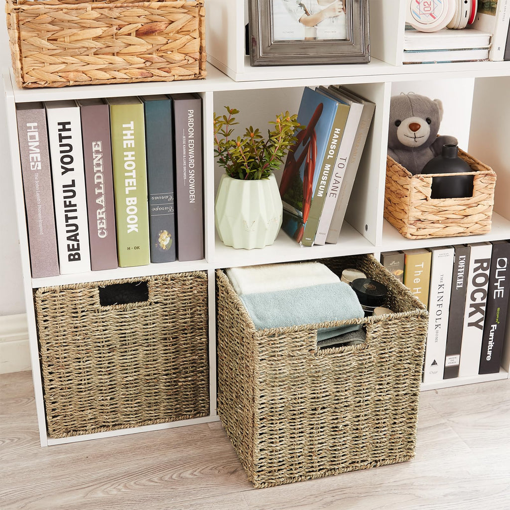 Vagusicc Wicker Storage Basket, Set of 2 Seagrass Storage Baskets, Foldable Wicker Basket 9 Inch Square Cube Storage Bins Storage Baskets for Organizing Shelf Baskets, 9''x9''x9''