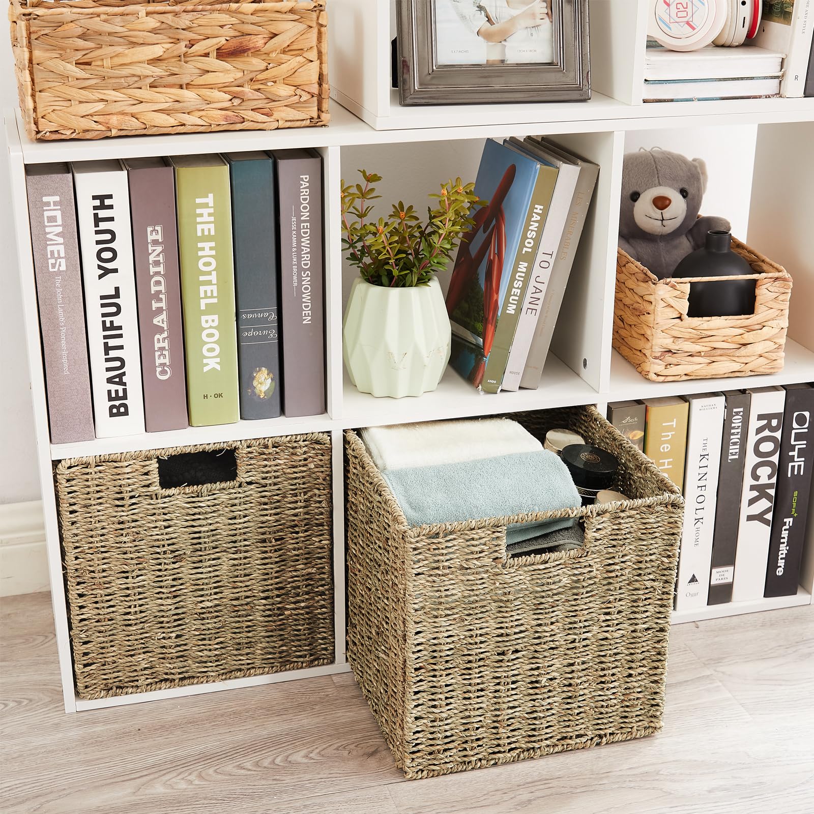 Vagusicc Wicker Storage Basket, Set of 2 Seagrass Storage Baskets, Foldable Wicker Basket 9 Inch Square Cube Storage Bins Storage Baskets for Organizing Shelf Baskets, 9''x9''x9''