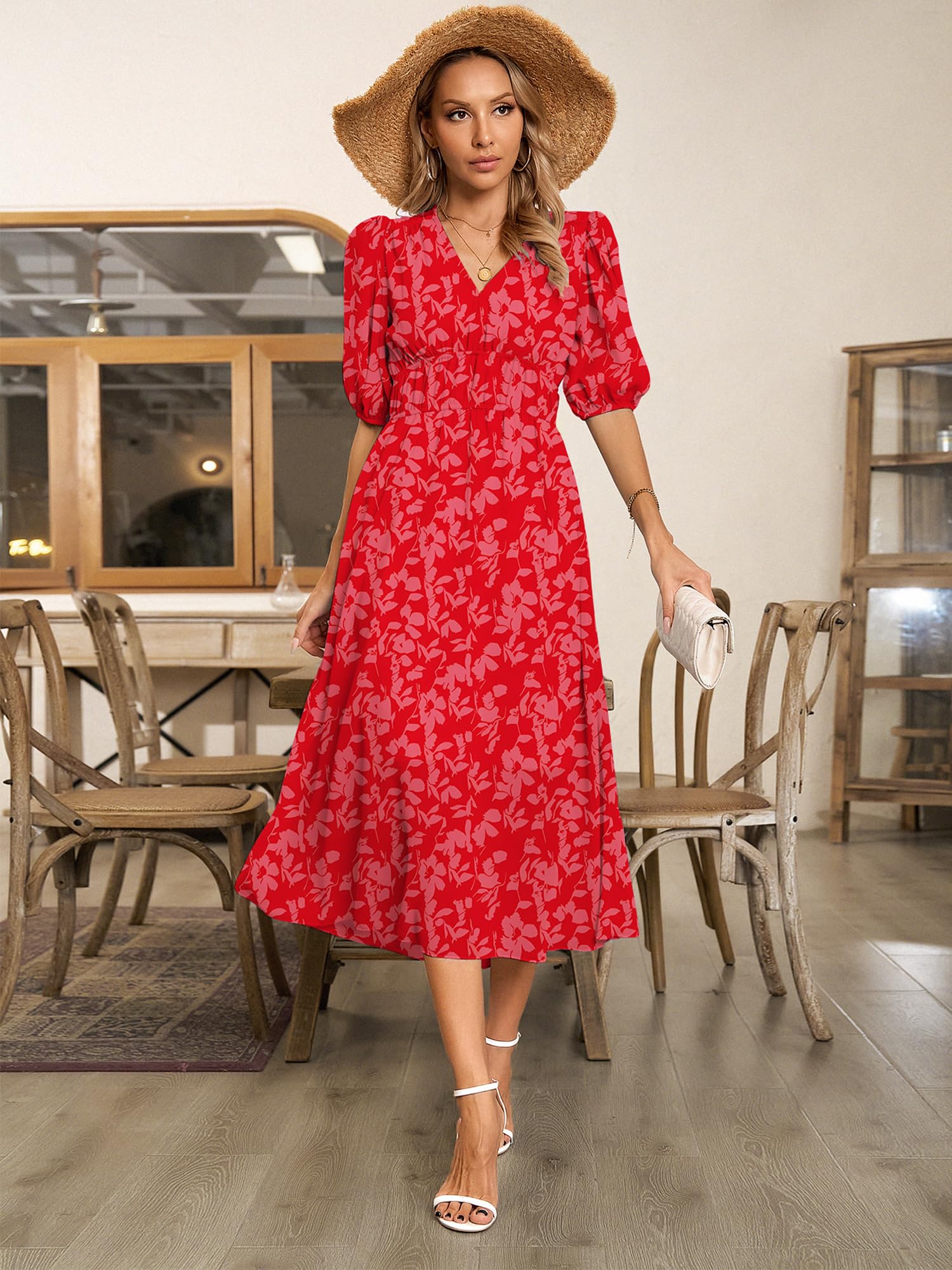 UEAL Womens Floral Flowy Wrap V Neck Midi Dress Short Sleeve Elastic Waist Casual Spring Summer Dresses for Women 2025