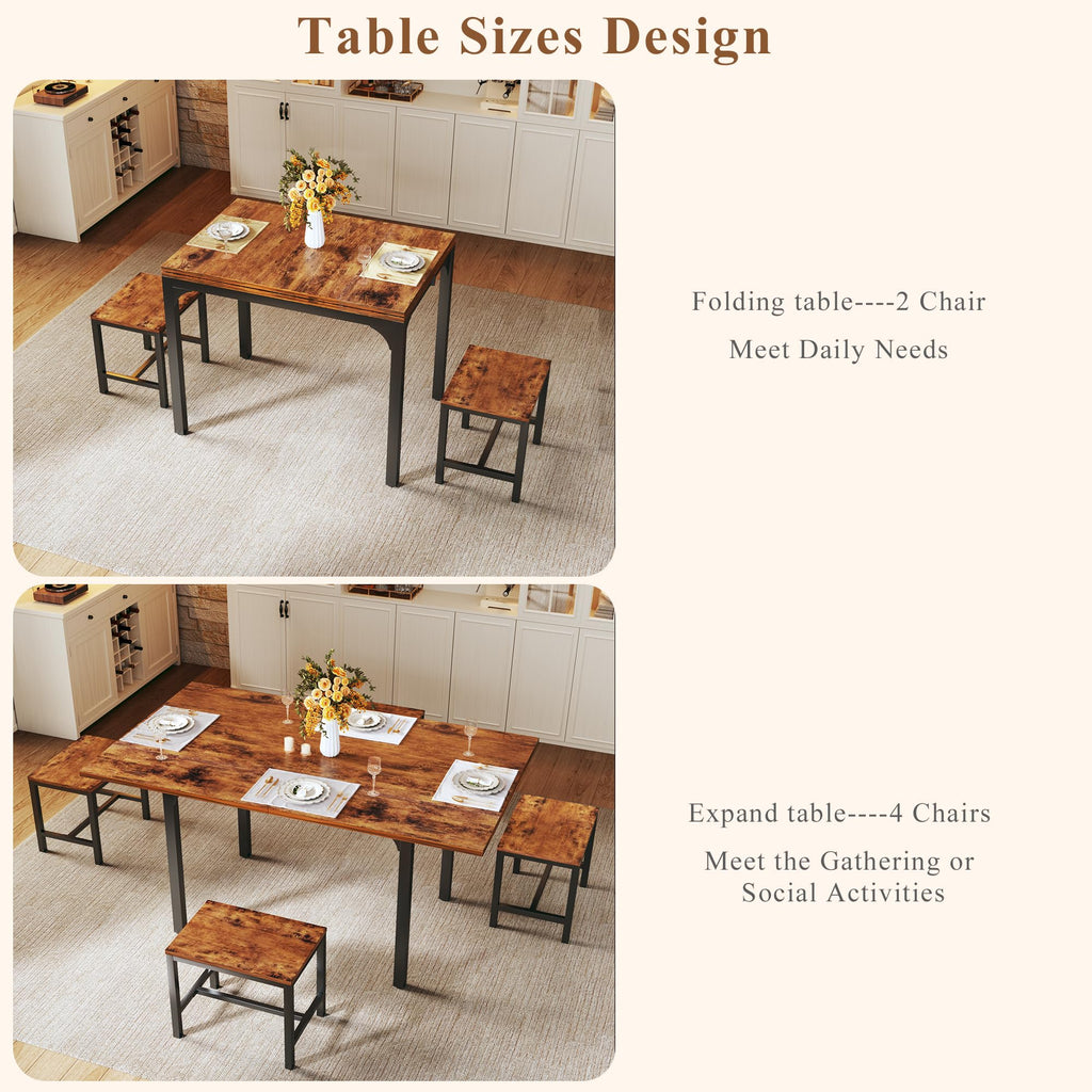 HUAHUU Dining Table Set for 4, Extendable Kitchen Table Cushion Chairs Set of 4, Rectangle Dining Table with Metal Frame & MDF Board, Folding for Small Apartment Saving Space, Black