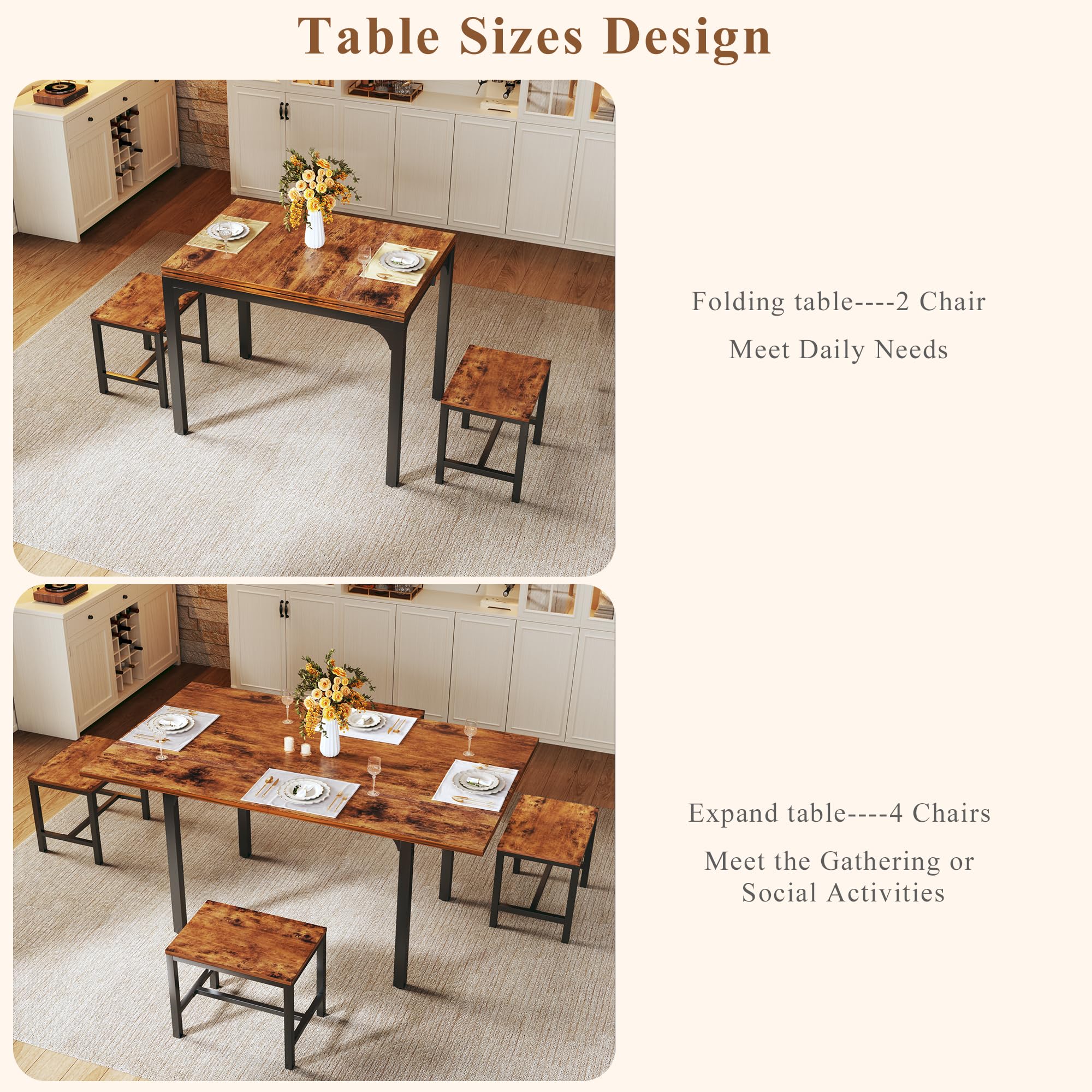 HUAHUU Dining Table Set for 4, Extendable Kitchen Table Cushion Chairs Set of 4, Rectangle Dining Table with Metal Frame & MDF Board, Folding for Small Apartment Saving Space, Black