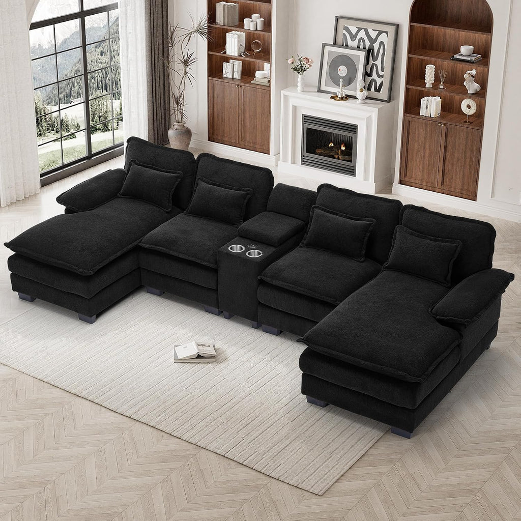 U Shaped Cloud Couch Sectional Sofa, 124" Comfy Fluffy Chenille Cloud Black Sectional Couches for Living Room with Double Chaise Lounge, Modern Modular Sofa with Central Console & USB Port