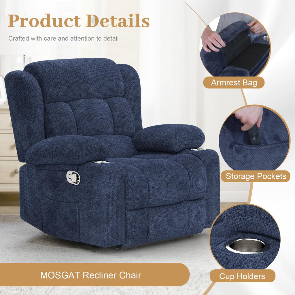 Recliner Chairs for Adults, FSC Certified Massage Reclining Chair with Heated Modern, Ergonomic Lounge Single Reclining Sofa Seat with Cup Holder & Pocket, Living Room Lounge Recliners Black