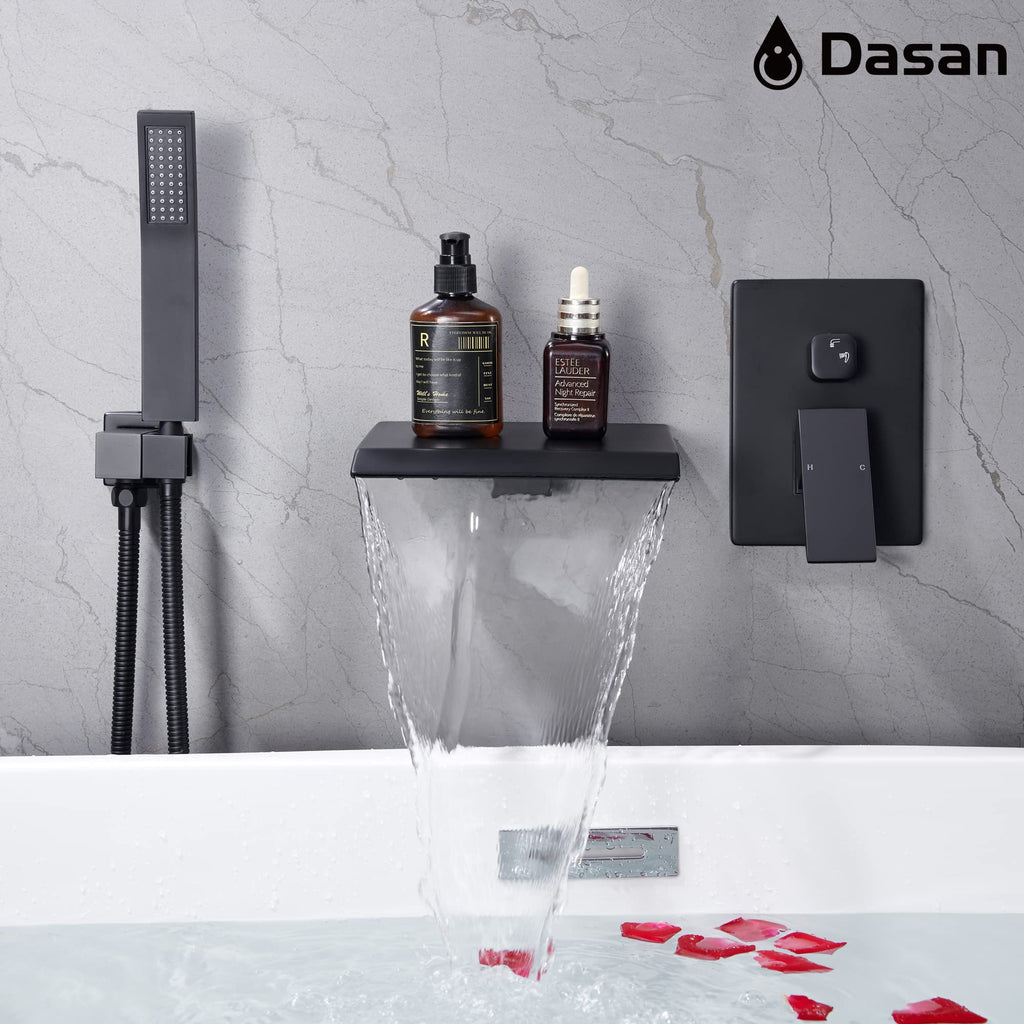 Upgraded Wall Mount Tub Filler Faucet with Handheld Shower, DASAN Modern Wall Mounted Bathtub Faucet Brushed Gold High Flow Waterfall Tub Faucet with Rough in Valve, SA-TF04WH-BG