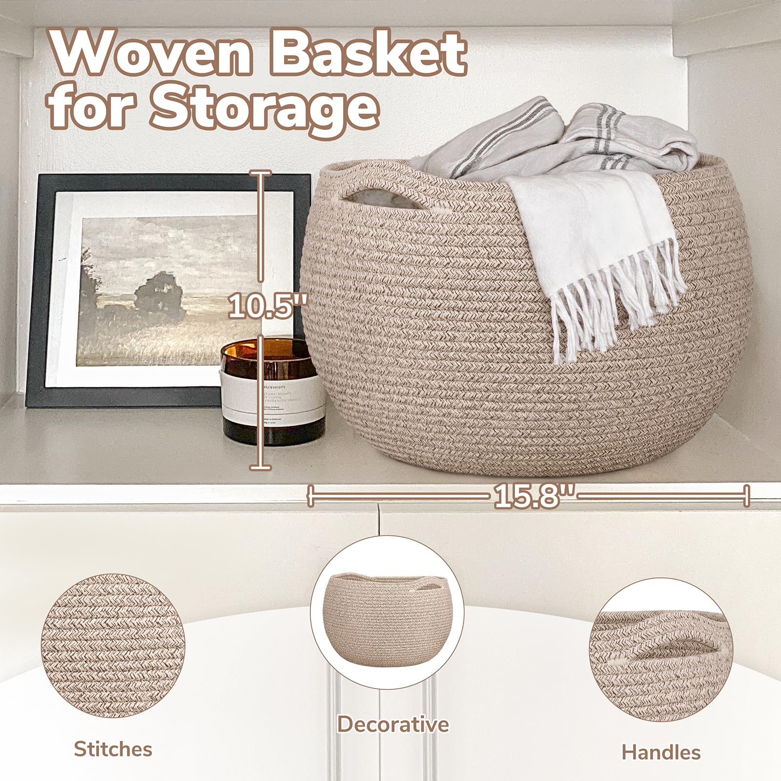 Goodpick Small Rope Storage Basket, Black Round Baskets for Socks, Dog Toys, Towels, Cute Baby Basket for Living Room, Bedroom, Nursery, Towel Baskets for Bathroom, 10 x 8.3 inches
