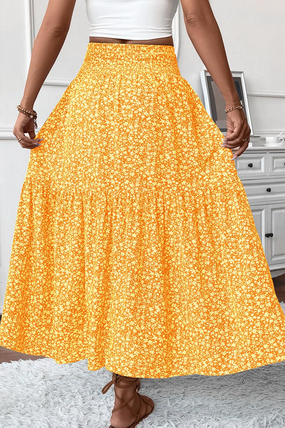 Women's Smocked High Waist Maxi Skirt Casual Boho Long Skirts with Pockets