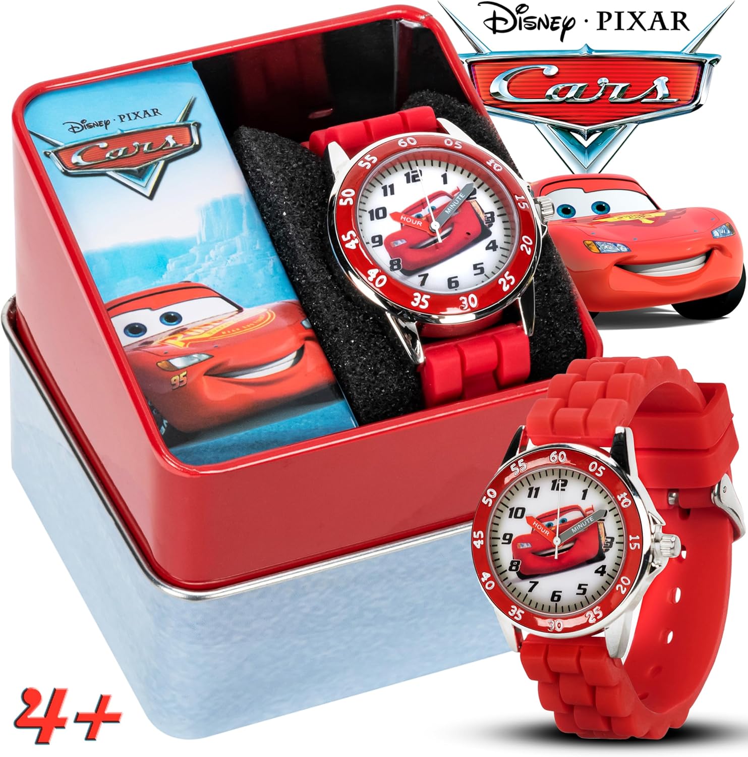 Disney Pixar Cars Kids' Time-Teaching Watch – Lightning McQueen Design with Red Silicone Strap, Easy-to-Read Dial, and Adjustable Fit for Wrists 5.5" to 8"
