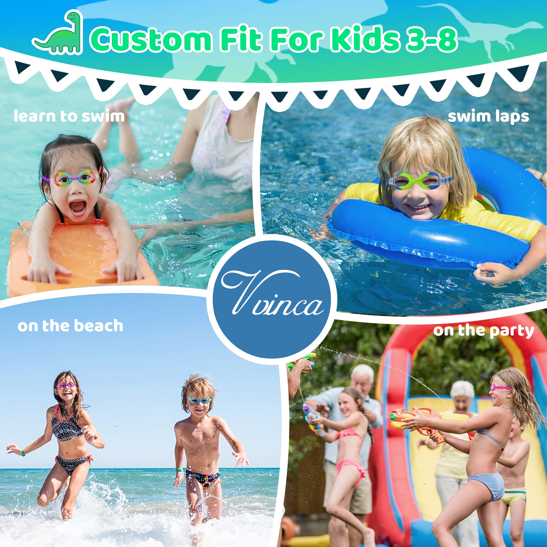 Vvinca Kids Swim Goggles with Fabric Strap No Tangle Pain-Free, Anti-Fog Swimming Pool Goggle No Leak for Toddlers Girls Boys