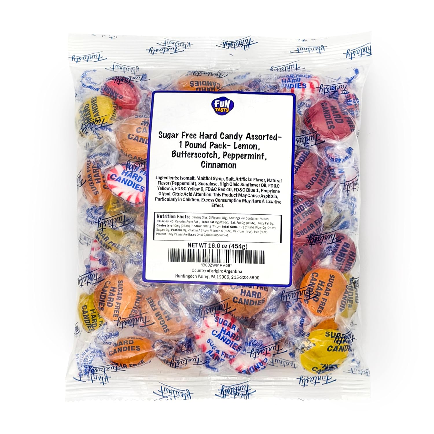 Sugar Free Candy - 1 Pound Pack - Hard Candy Individually Wrapped - Lemon, Butterscotch, Peppermint, Cinnamon - Office Bowl Mix - Old Fashioned Sugarless Treats