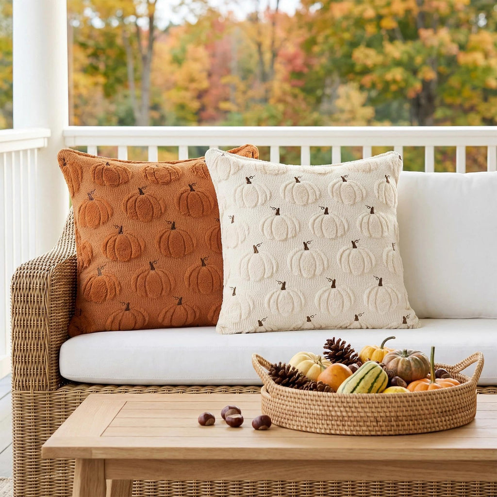 Fall Beige Pillow Covers 18x18 Set of 2 Double-Sided Pumpkin Plush | Boho farmhouse comfort with raised Autumn pumpkin embroidery, designed for living rooms, sofas, and cozy fall home decor.