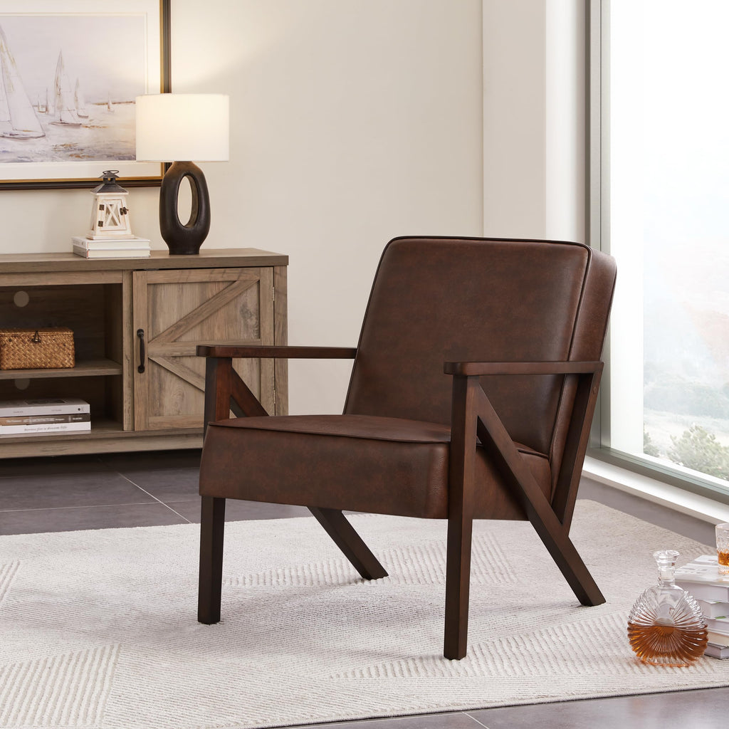 Yaheetech Accent Chair, PU Leather Reading Chair, Mid Century Modern Arm Chair with Solid Wood Frame for Living Room Bedroom Waiting Room, 2 Pieces, Black
