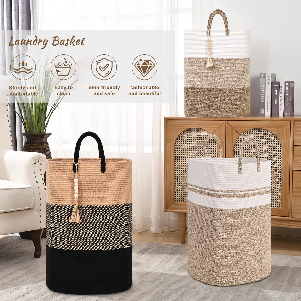 Woven Laundry Basket for Clothes, 50L Large Rectangle Laundry Hampers with Beads Tassel, Nursery Storage Basket for Toys, Tall Dirty Clothes Hamper for Bedroom Aesthetic, Laundry Room Organization
