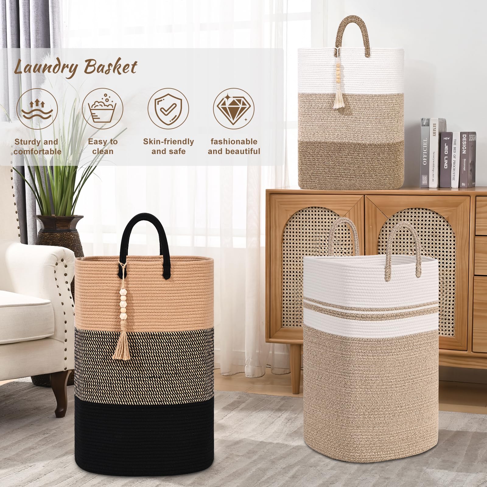 Woven Laundry Basket for Clothes, 50L Large Rectangle Laundry Hampers with Beads Tassel, Nursery Storage Basket for Toys, Tall Dirty Clothes Hamper for Bedroom Aesthetic, Laundry Room Organization