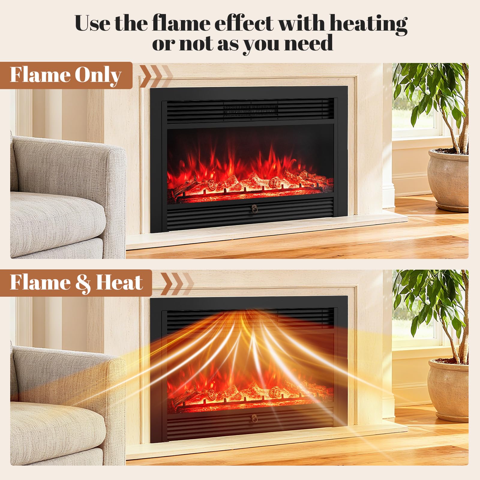 Giantex 18" Electric Fireplace Insert Heater, Wall Recessed/Mounted Fire Places Electric Fireplace with Remote, 2 Modes Heat, 9H Timer, 5 Brightness, 750/1500W Freestanding Fireplace