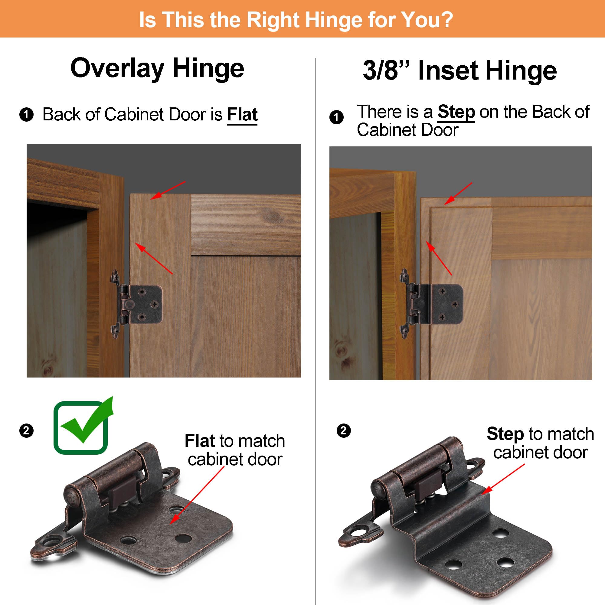 4 Pack (2 Pairs) Antique Brass Self Closing Cabinet Hinges for Kitchen Cabinet Door, 1/2" Overlay (Variable) Semi Concealed Kitchen Cabinet Hinges