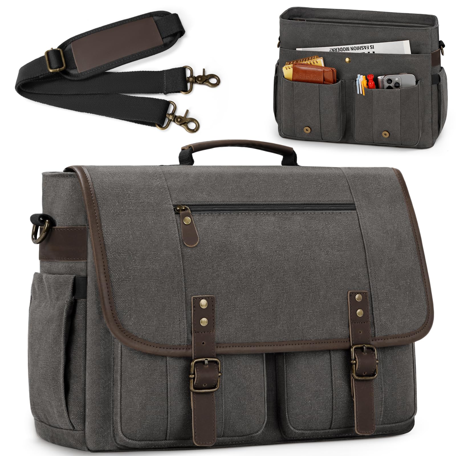 RAINSMORE Mens Messenger Bag 17-17.3 Inch Vintage Canvas Briefcase Water-resistant Large Computer Laptop Bag Rugged Satchel Shoulder Bag for Work Travel, Bookbag for College