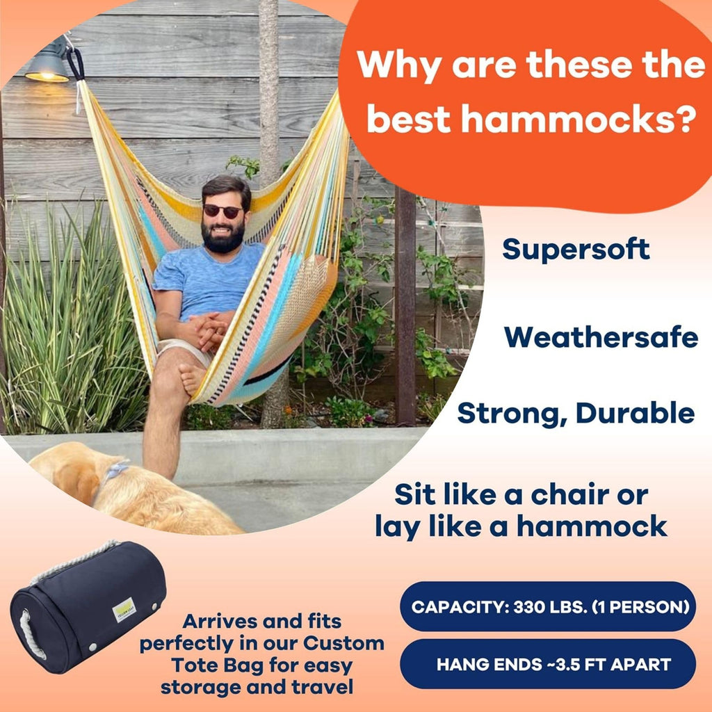 Handwoven Hanging Chair by Yellow Leaf Hammocks - Fits 1 Person, 330lb Max - Kick Back for Full-Body Recline - Weathersafe, Ultra Soft, Hang Anywhere - Color: Natural Khaki