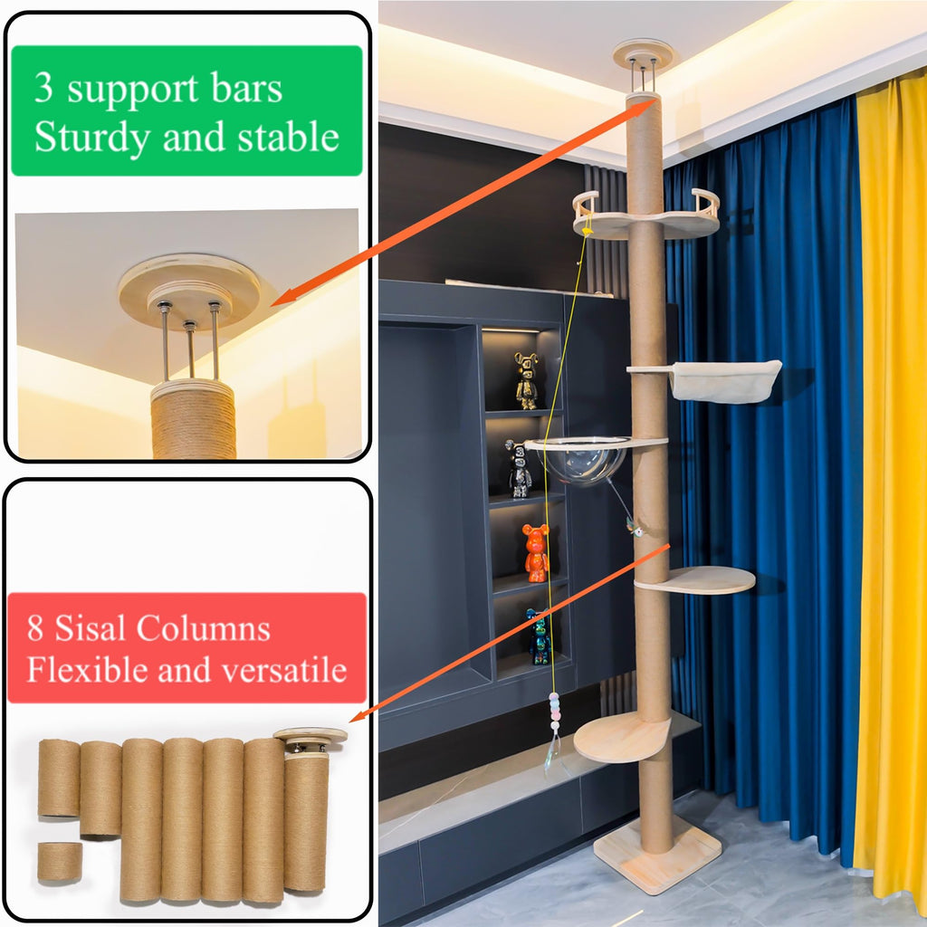 Floor-to-Ceiling Cat Tree with Natural Sisal Rope Scratching Post - Adjustable Height (55-119 Inches) - Modern Cat Activity Tree, Cat Scratcher Post