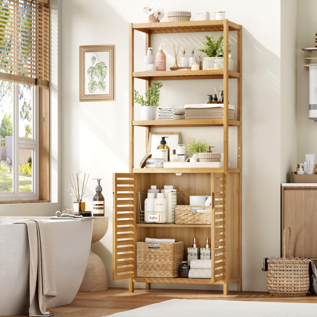 HIFIT Tall Bathroom Storage Cabinet, 66" Bamboo Narrow Bathroom Floor Cabinet with 2 Door & 4-Tier Open Shelves, Corner Tall Cabinets Freestanding Organizer Unit for Bath, Living Room, Entryway,Nature