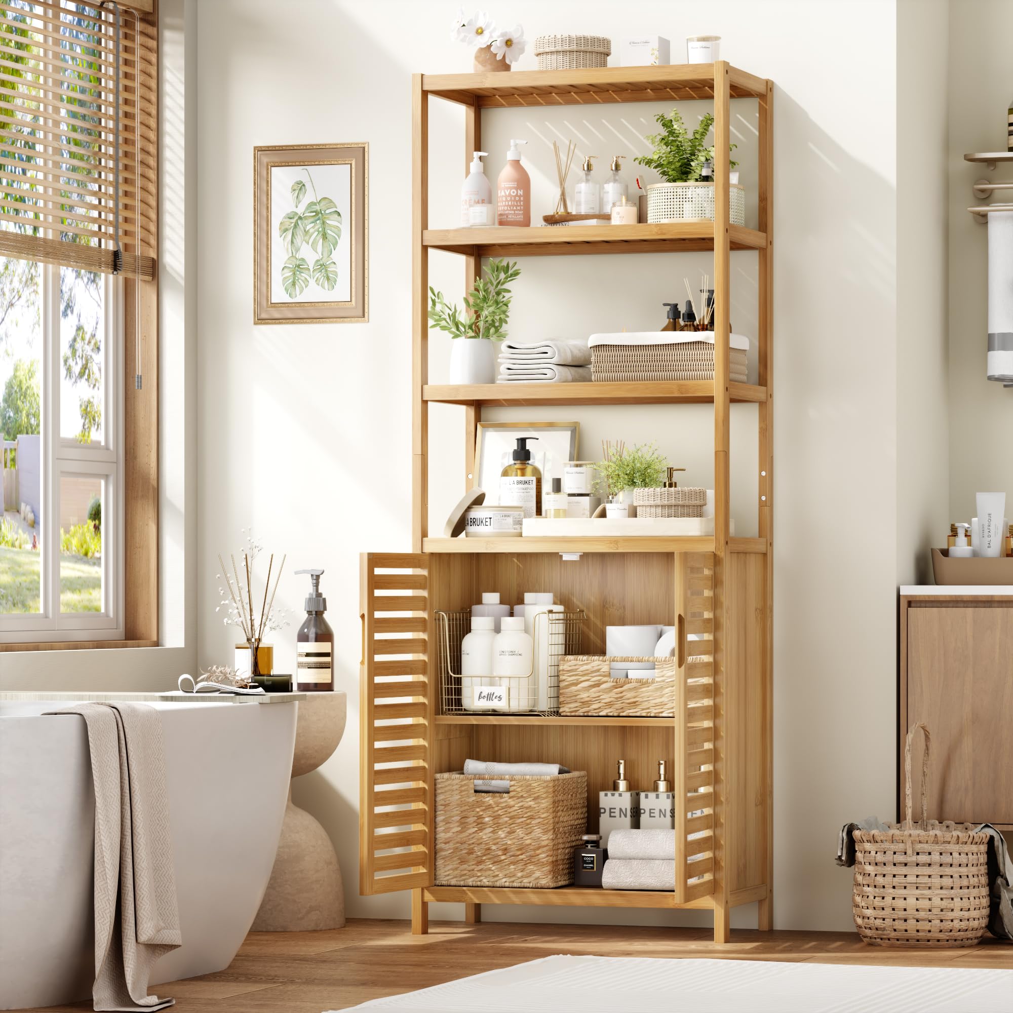 HIFIT Tall Bathroom Storage Cabinet, 66" Bamboo Narrow Bathroom Floor Cabinet with 2 Door & 4-Tier Open Shelves, Corner Tall Cabinets Freestanding Organizer Unit for Bath, Living Room, Entryway,Nature