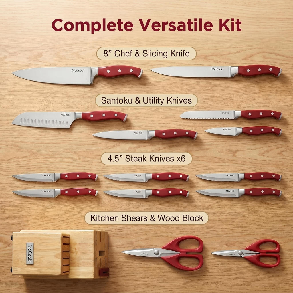 McCook® Knife Sets,German Stainless Steel Kitchen Knife Block Set with Built-in Sharpener, 20-Piece Razor-Sharp Kitchen Knives, Forged Triple Rivet,Full Tang,Ergonomic Handle,Elegant Box for Gift