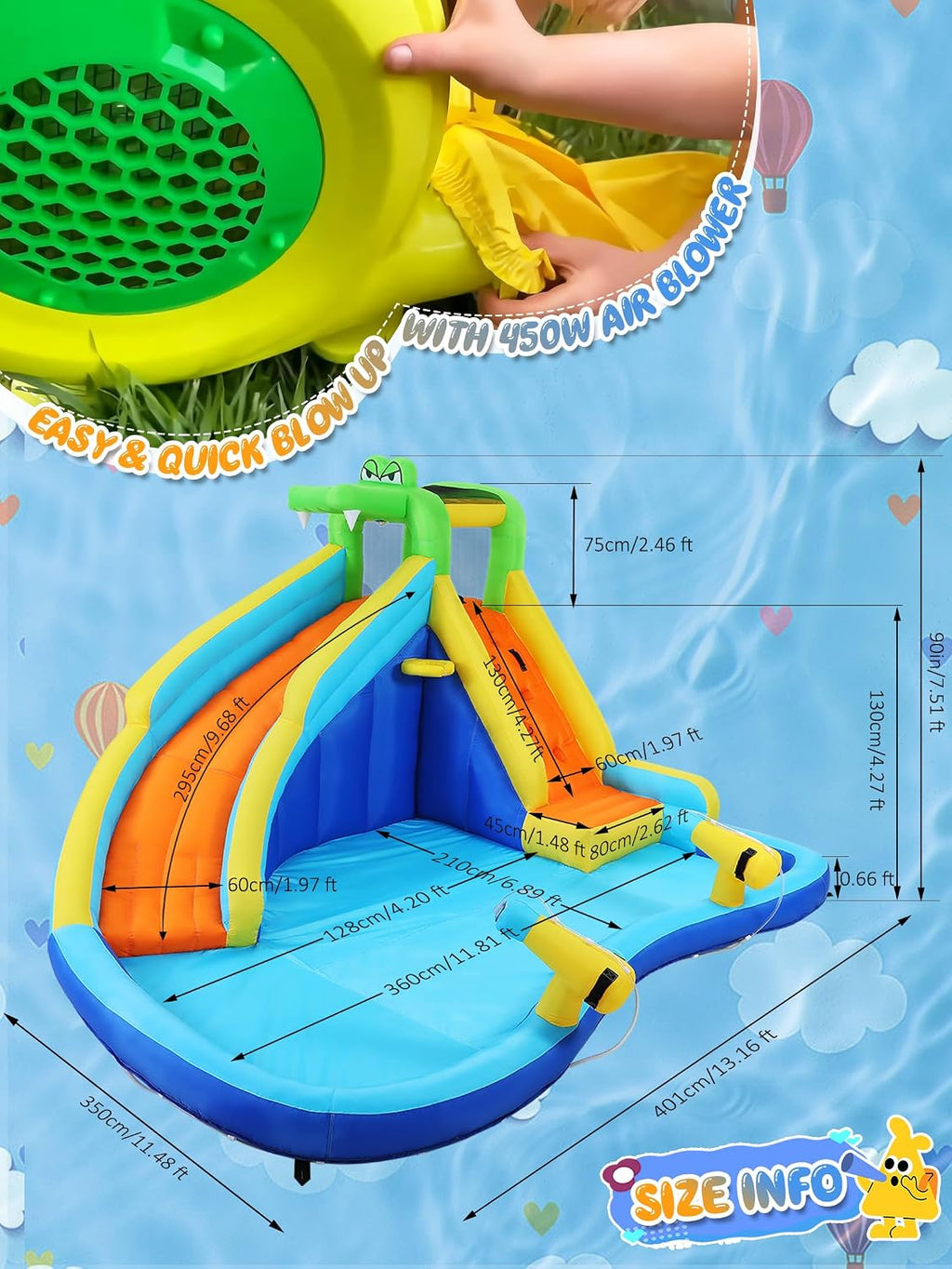 ROOJER Crocodile Inflatable Water Slide for Kids Backyard 8-in-1 Blow Up Wet & Dry Bounce House Water Park with Blower, Splash Pool, Climbing Wall, Double Cannons for Indoor Outdoor Party Fun Ages 3-8