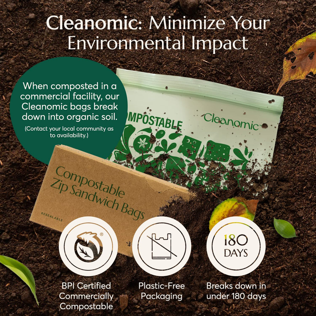Cleanomic Compostable* Snack Size Food Storage Bags (50 Eco Zip) Freezer and Leak Proof, Also Available Gallon, Quart and Sandwich Size Bags
