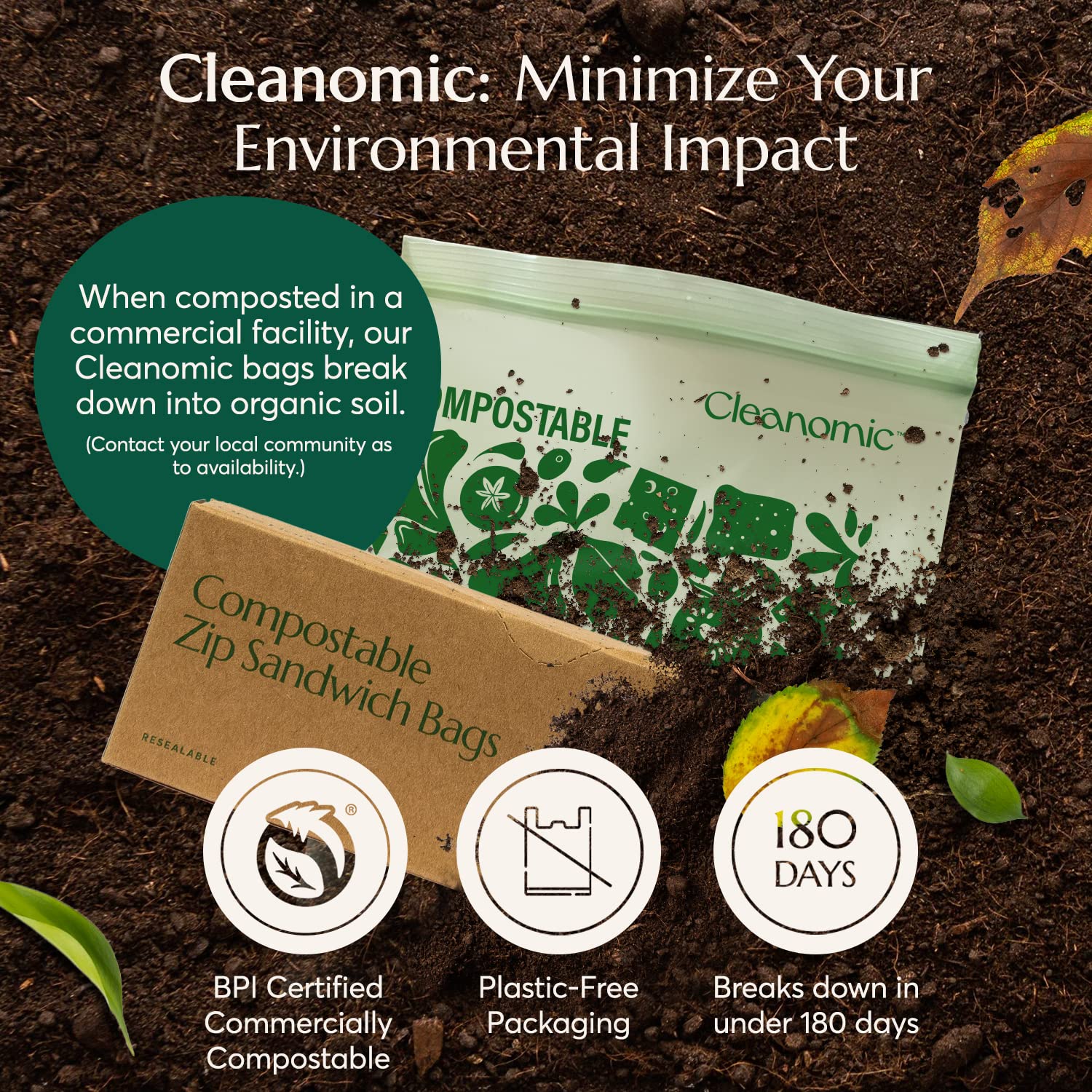 Cleanomic Compostable* Snack Size Food Storage Bags (50 Eco Zip) Freezer and Leak Proof, Also Available Gallon, Quart and Sandwich Size Bags