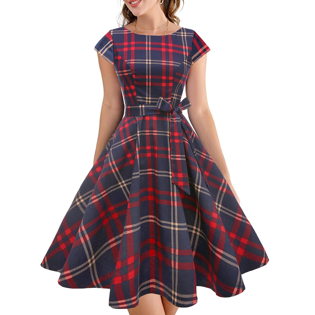 PUKAVT Women's 1950 Boatneck Cap Sleeve Vintage Swing Cocktail Party Dress with Pockets