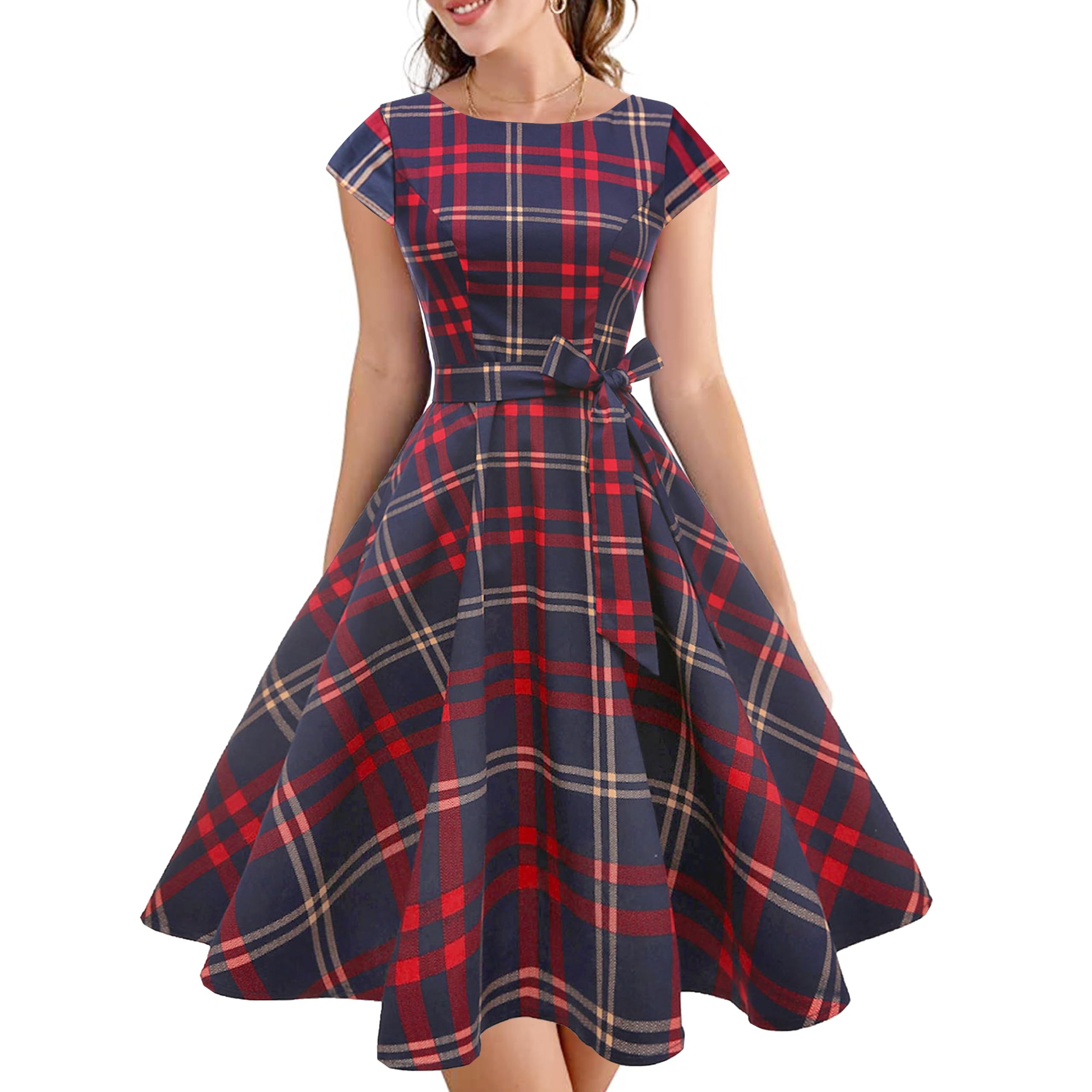 PUKAVT Women's 1950 Boatneck Cap Sleeve Vintage Swing Cocktail Party Dress with Pockets