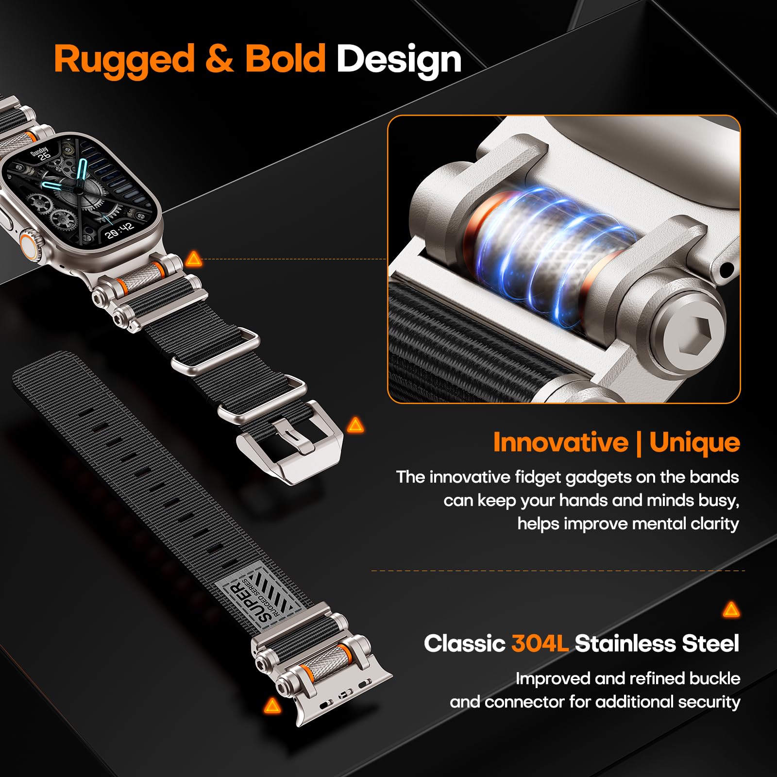 TAURI Nylon for Apple Watch Bands SE/Series 9/8/7/6/5/4 44/45mm, Rugged Nylon Braided Strap & Stainless Steel Connector – iWatch 44mm/45mm Adjustable Woven Band for Men Women, All Black