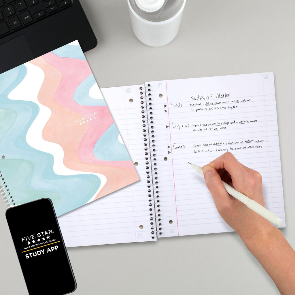 Five Star Spiral Notebook + Study App, 2 Pack, 1 Subject, Wide Ruled, 8" x 10-1/2", 80 Sheets, Fights Ink Bleed, Water Resistant Cover, Pastel Waves and Brush Strokes (930210F-ECM)