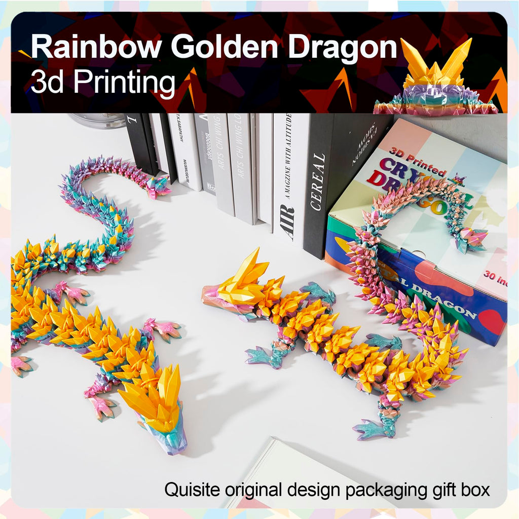 24" Large 3D Printed Dragon - Huge Articulated Crystal Dragon Fidget Toy, Giant Flexible 3D Dragon Figure, Birthday Gift for Boys Girls Kids & Collectors, Home Office Executive Desk Decor