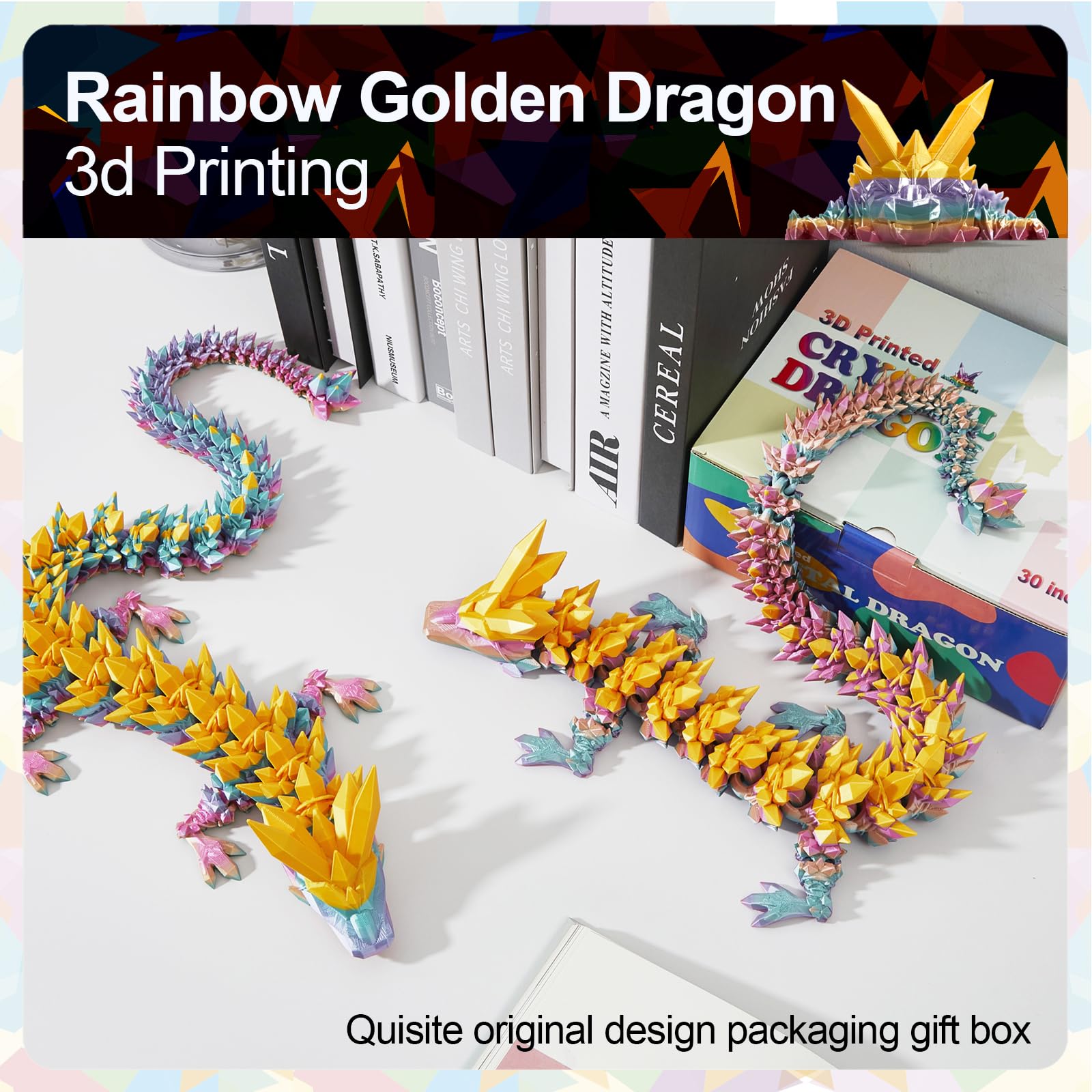 24" Large 3D Printed Dragon - Huge Articulated Crystal Dragon Fidget Toy, Giant Flexible 3D Dragon Figure, Birthday Gift for Boys Girls Kids & Collectors, Home Office Executive Desk Decor