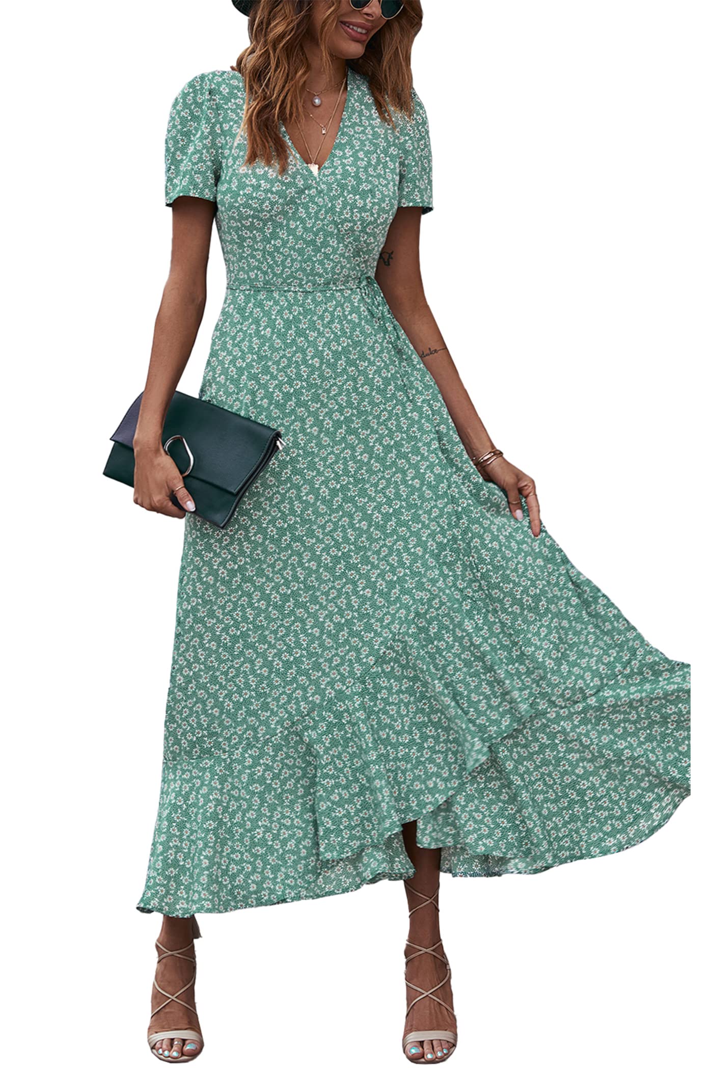 PRETTYGARDEN Women's Boho Floral Maxi Dress Summer Short Sleeve Wrap V Neck Long Flowy Beach Vacation Wedding Guest Dresses