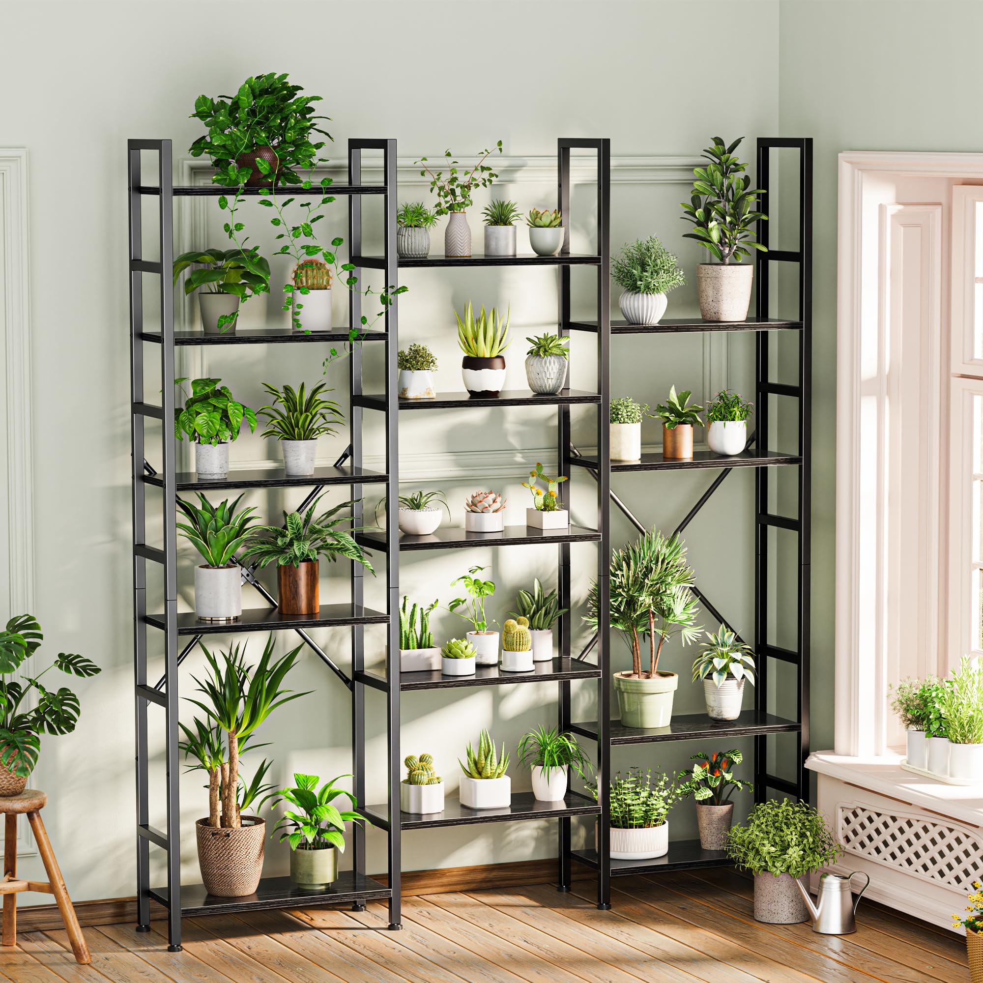 SUPERJARE Triple Bookshelf, Bookcase with 11 Open Display Shelves, Wide Book Shelf Book Case for Home & Office, 4 Tier, Black