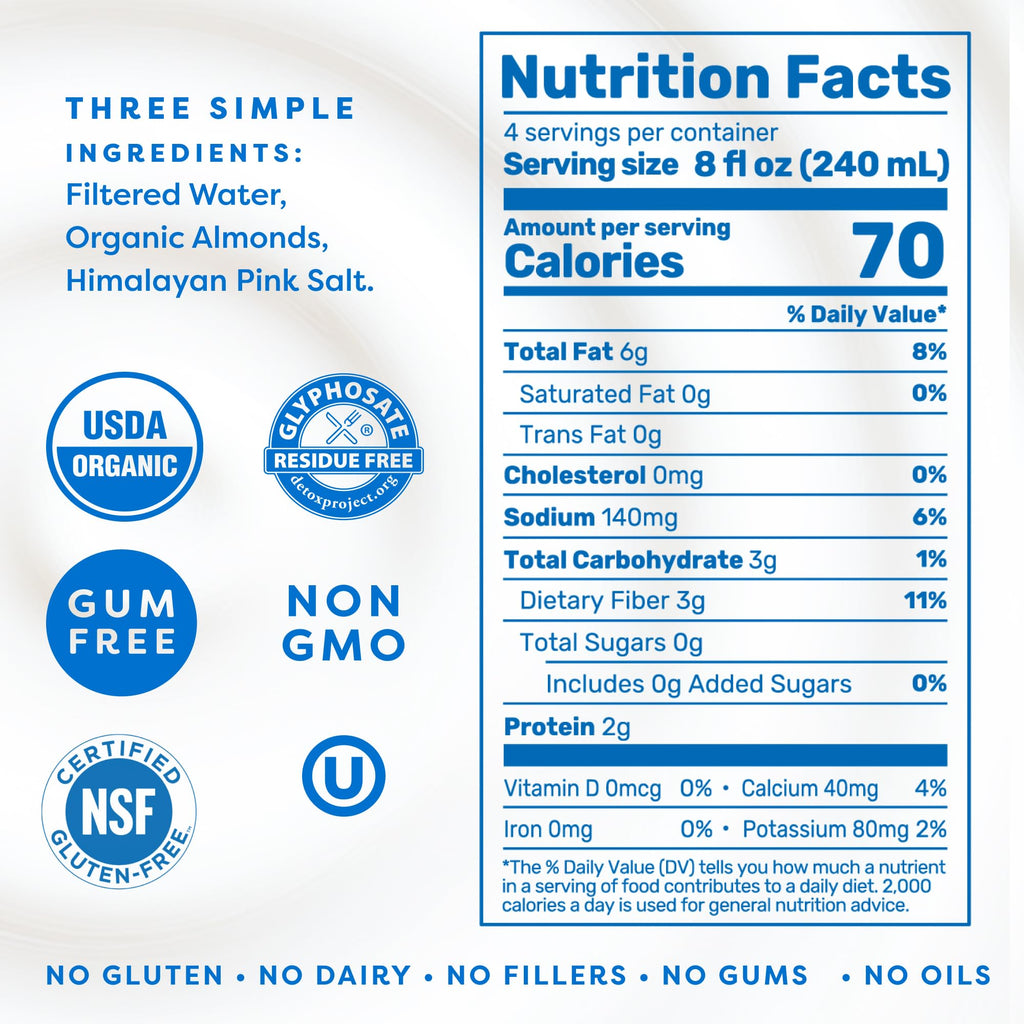 MALK Almond Milk Unsweetened (32oz, Pack of 6) - Shelf Stable Organic Almond Milk, Non GMO, Whole 30, Dairy Free, Vegan, Plant Based, No Gums or Fillers - Malk for Smoothies, Cereal, Coffee,Creamer