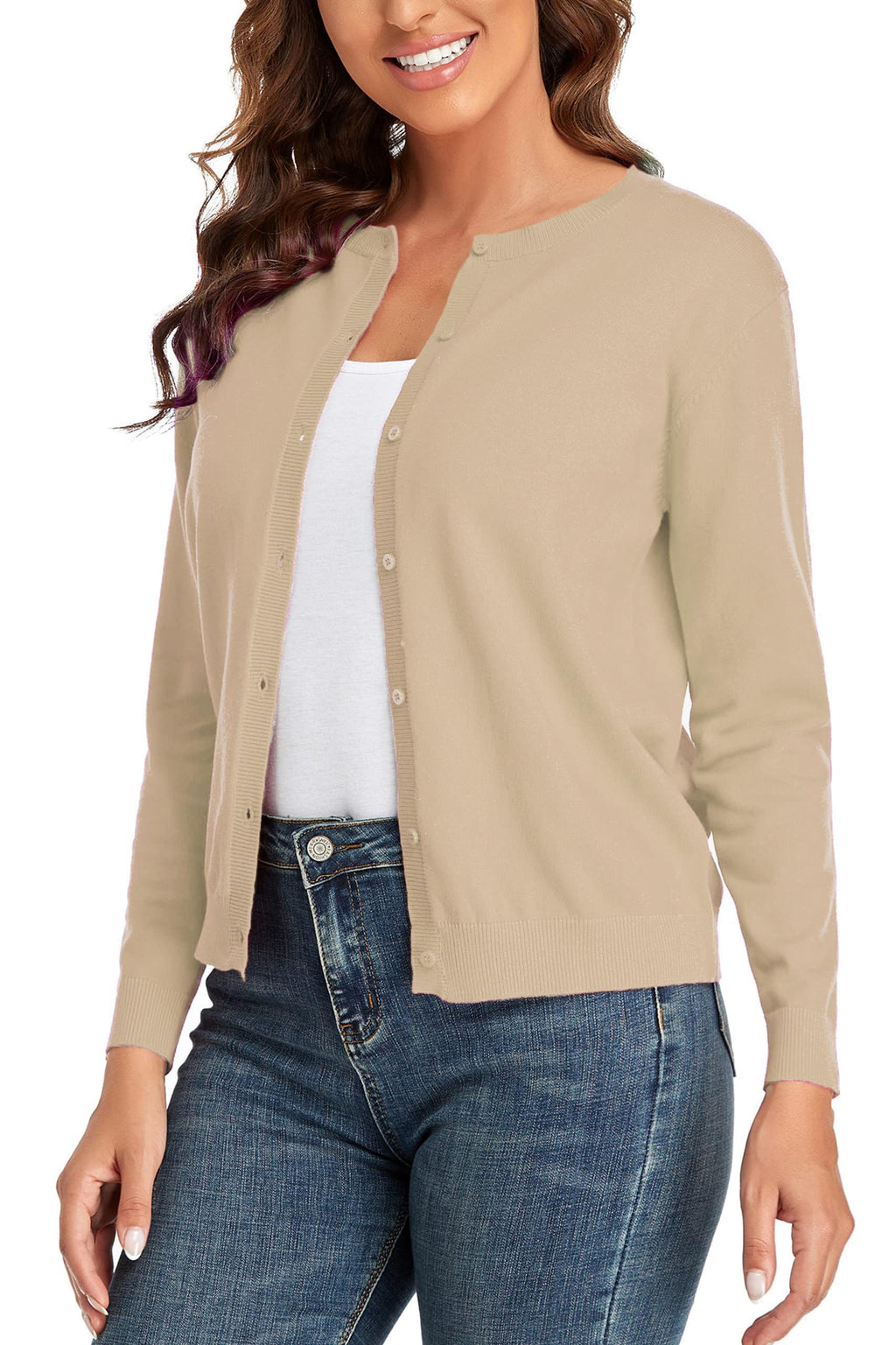 CUNYI Women's Crew Neck Cardigan Long Sleeve Sweater for Women Button Down Soft Knit Ladies Cardigan Sweates Coat