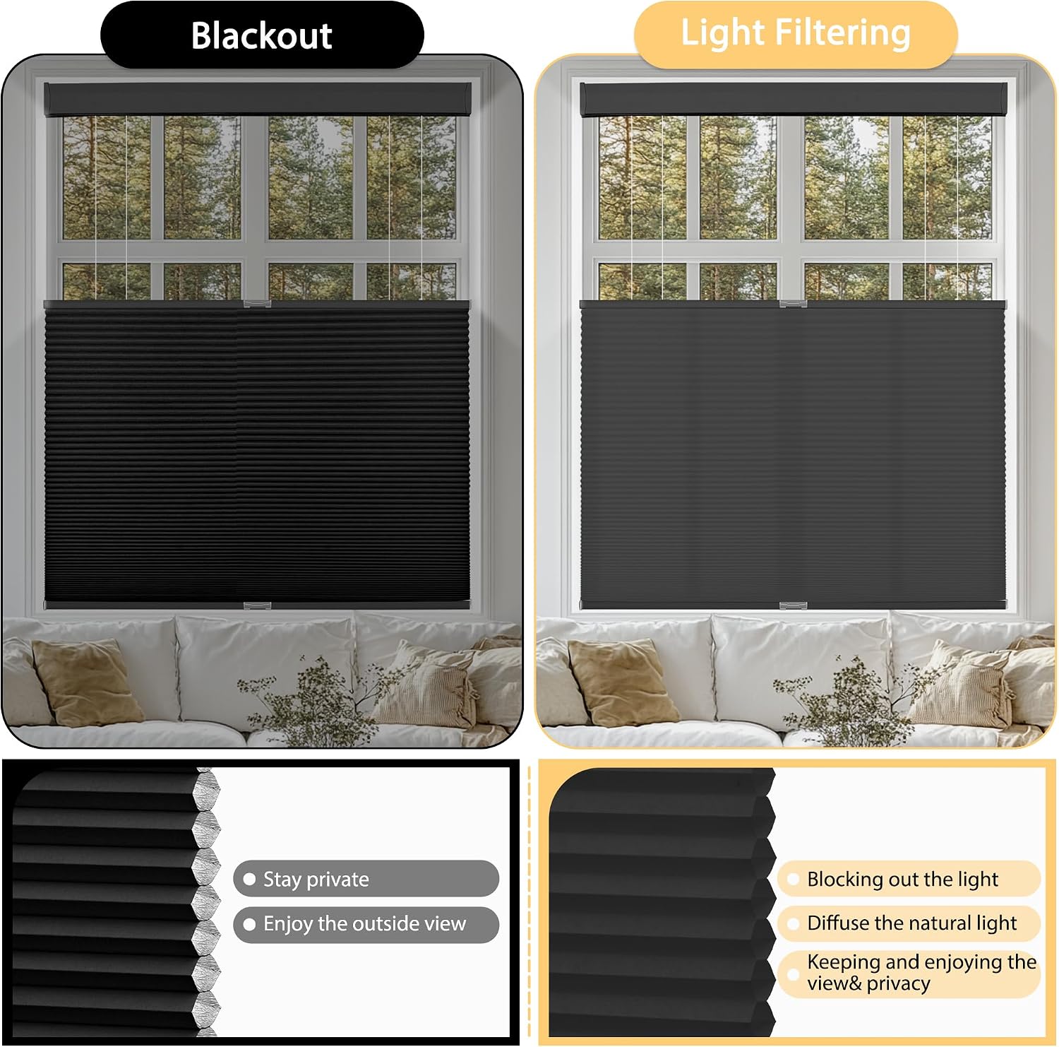 BERISSA Top Down Bottom Up Light Filtering Cellular Shades Cordless, Honeycomb Blinds for Windows, Thermal Insulated Window Shades for Home Office,Easy to Install,Black. 16" W x 48" H