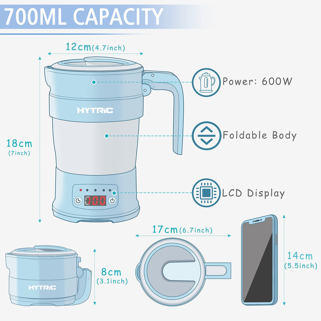 HYTRIC Travel Electric Kettle, 700ML Foldable Small Electric Kettle BPA-Free, Portable Kettle with Multifunctional Panel, Collapsible Hot Water Kettle with Keep Warm & Delay Start, 110V Black