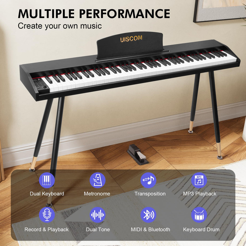 UISCOM Digital Piano Keyboard for Beginners, Full Size 88 Key Semi-Weighted Keyboard Electric Piano with Stand,Power Adapter,Sheet Music Stand,Pedal,Headphone,USB-MIDI Compatible,Wood Grain Apricot