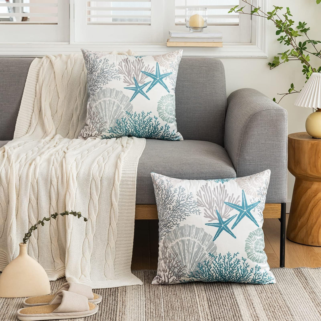 Tritard Nautical Coastal Throw Pillow Covers 16x16 Set of 2 Beach Themed Ocean Seashell Coral Starfish Velvet Couch Decorative Pillow Cases Outdoor Sofa Cushion Cover for Bedroom Living Room, Blue