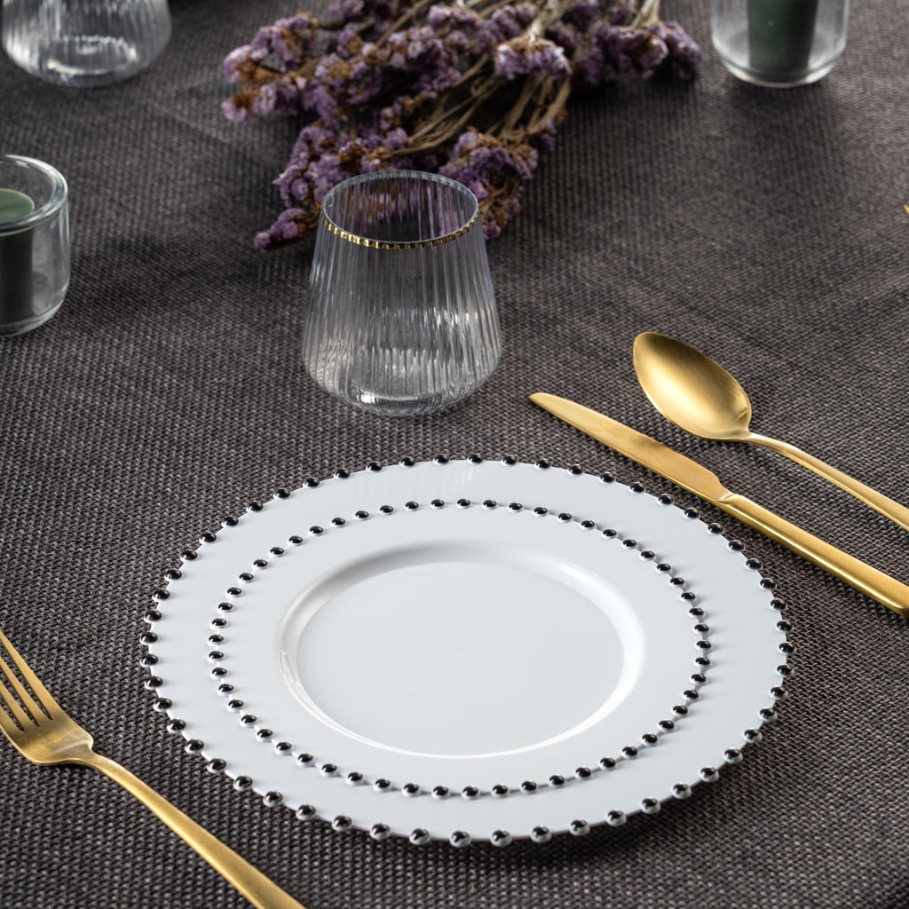 PLASTICPRO 32 Piece Combo Plastic Dinner Plates Disposable Plastic Fancy Heavy Duty Party Dishes 7 inch and 10 inch, Black and Gold Beaded