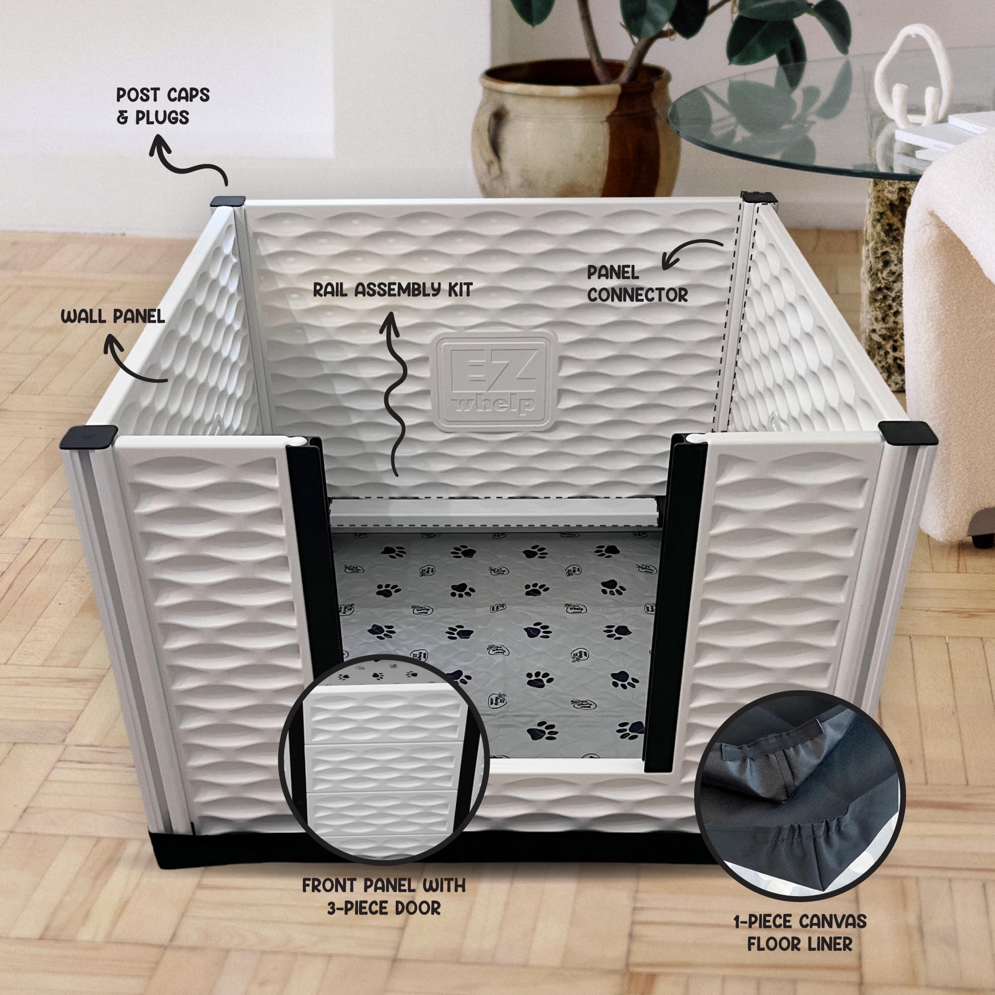 EZwhelp EZclassic Windowed 48"x48"x18" Whelping Box with Rails and Windowed Walls, Padded Dog Whelping Box, Black Pad
