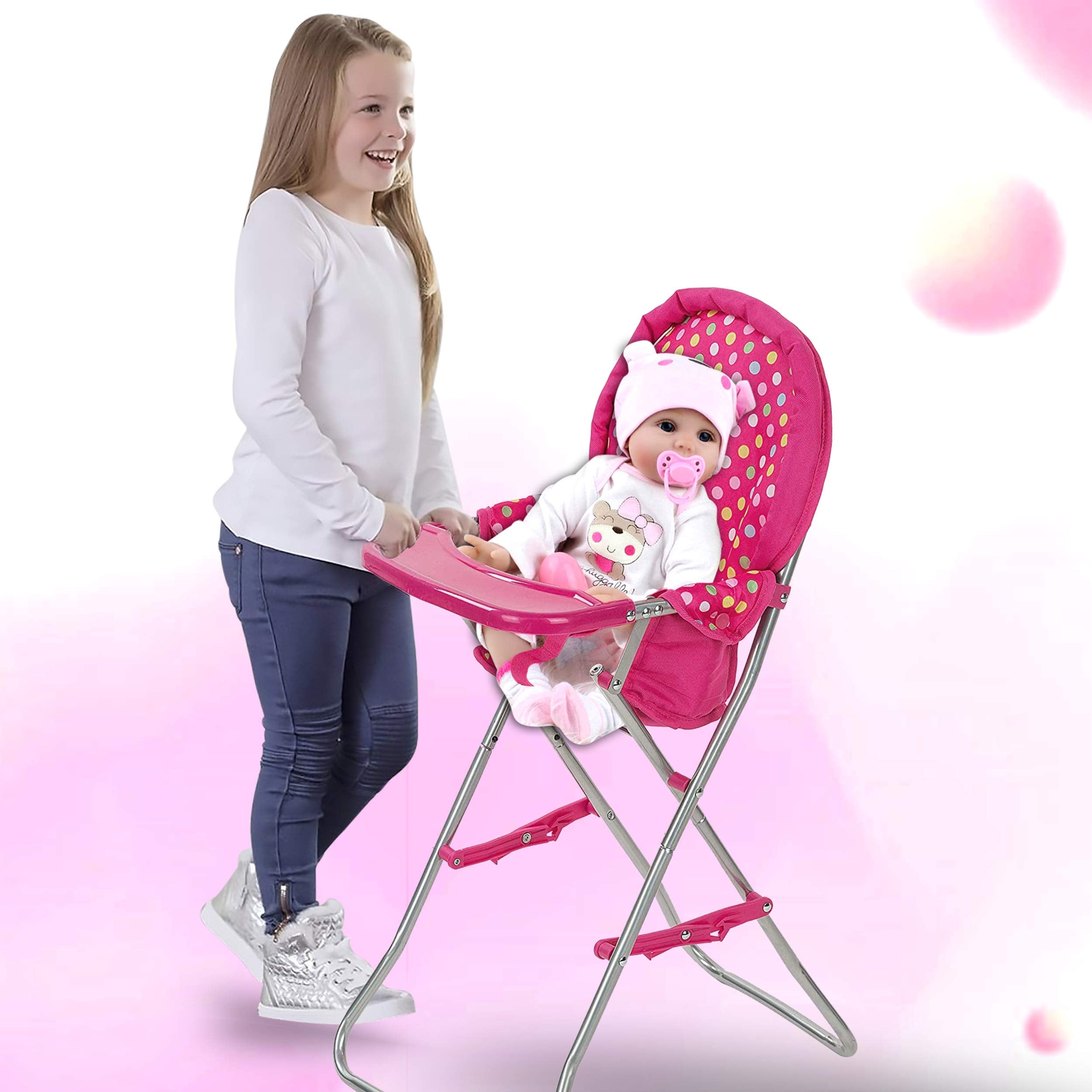 Fash n kolor - Baby Doll High Chair with Tray, Fits up to 18 inch Baby Dolls, Flower Print Toddler Furniture Toy High Chair for Dolls Toys Easy to fold for Compact Storage