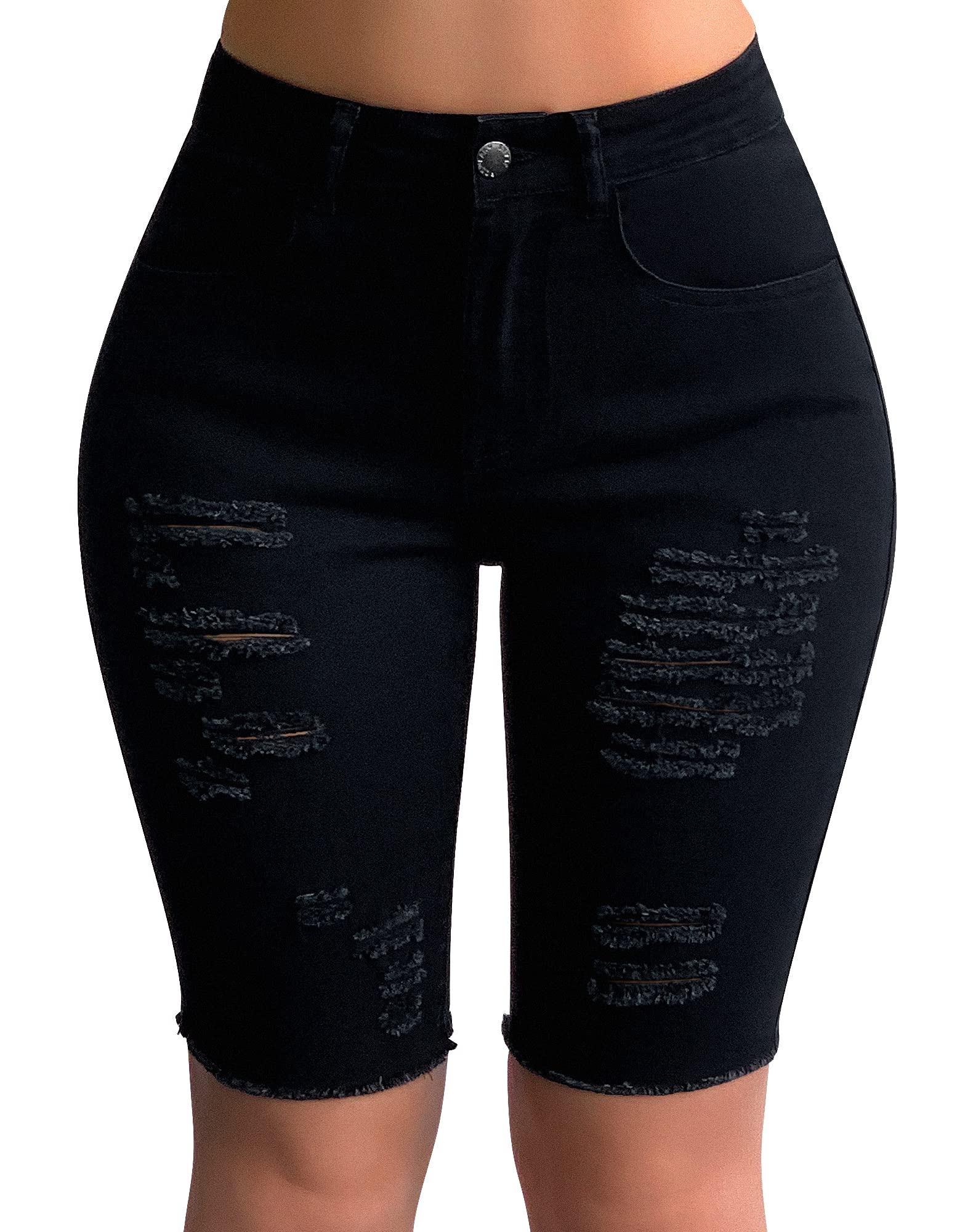 roswear Womens Ripped Stretchy Long Jean Shorts Mid Rise Frayed Cut Off Bermuda Shorts